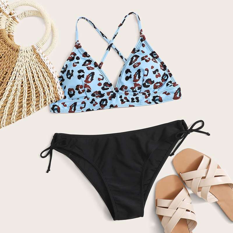 

Leopard Triangle Tie Side Bikini Swimsuit, Multicolor