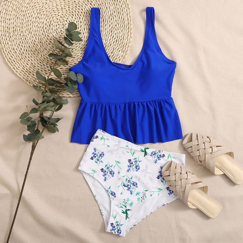 

Floral Ruffle Hem Bikini Swimsuit, Multicolor