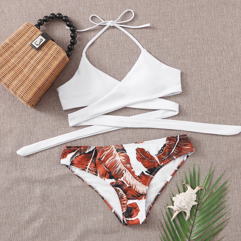 

Tropical Wrap Halter Bikini Swimsuit, Multicolor