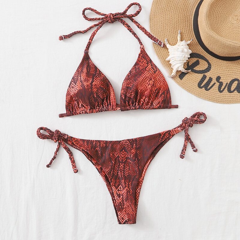 

Snakeskin Triangle Tie Side Bikini Swimsuit, Multicolor