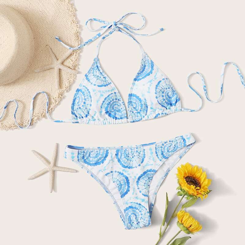 

Tie Dye Halter Triangle Bikini Swimsuit, Blue