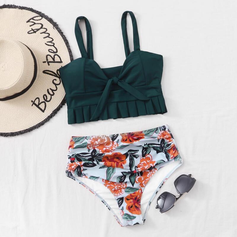

Floral Knot Front Ruffle Hem Bikini Swimsuit, Multicolor