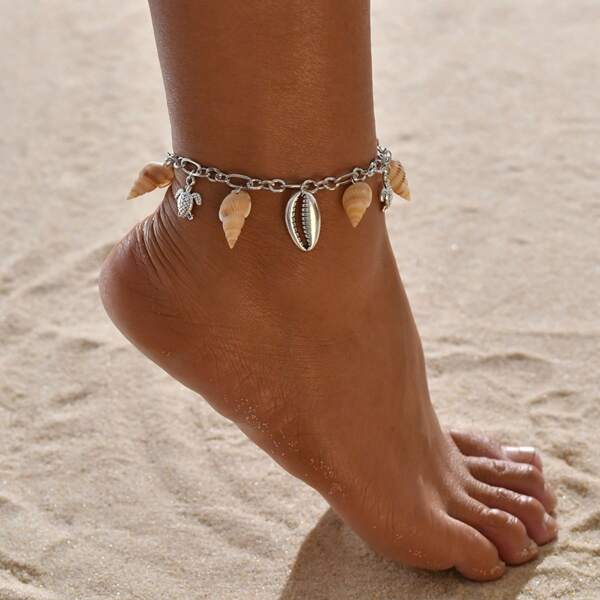 

Shell Conch Charm Anklet, Silver
