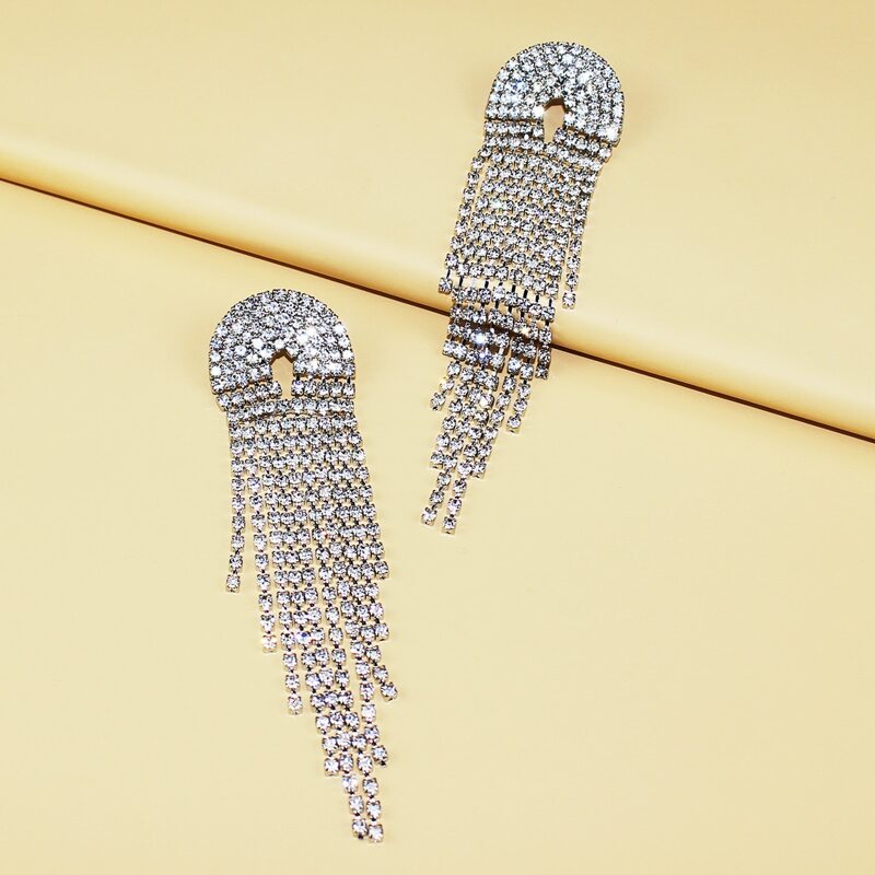 

Rhinestone Tassel Earrings, Silver