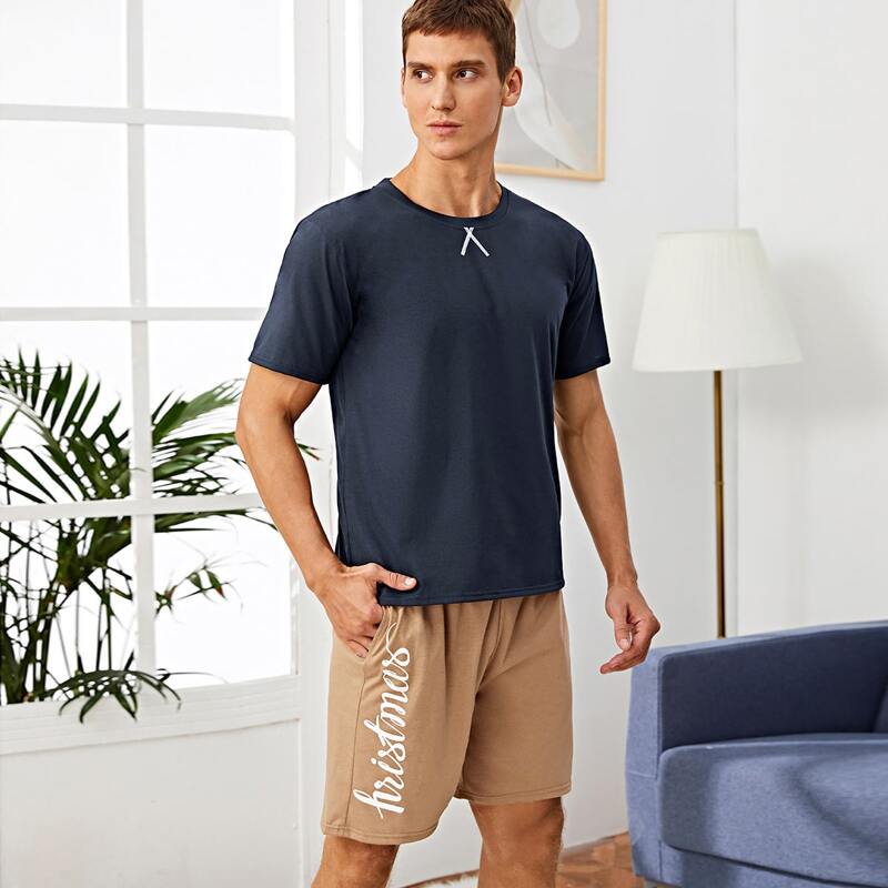 

Guys Letter Graphic Tee With Shorts PJ Set, Multicolor