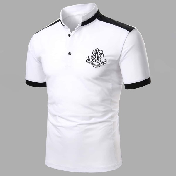 

Men Contrast Panel Embroidered Polo Shirt, White
