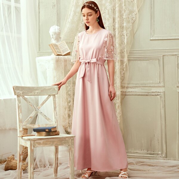 

Embroidery Mesh Sleeve Belted Maxi Dress, Pink