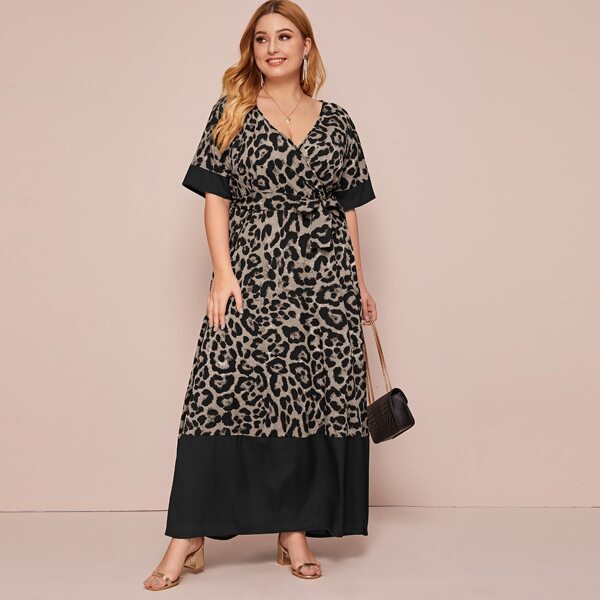 

Plus Leopard Print Color Block Belted Dress, Multicolor