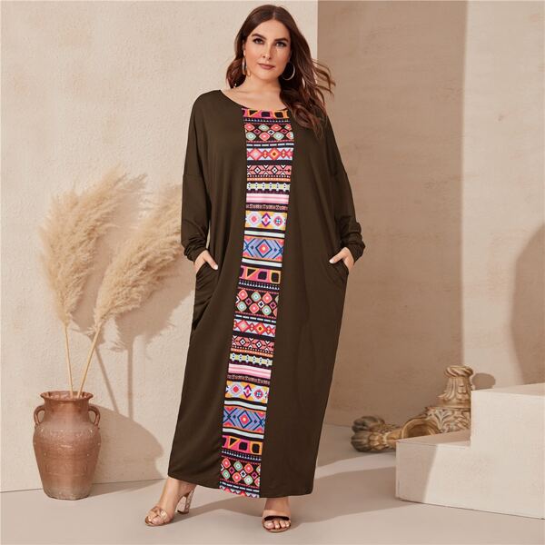 

Plus Aztec Print Slant Pocket Maxi Dress, Brown