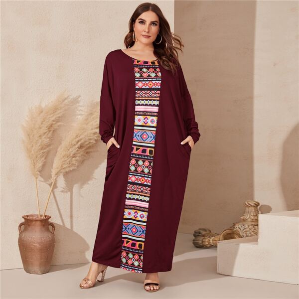 

Plus Aztec Print Slant Pocket Maxi Dress, Burgundy