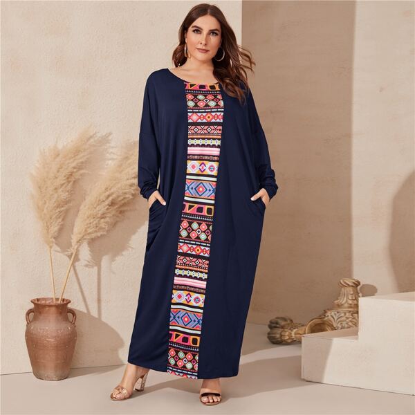 

Plus Aztec Print Slant Pocket Maxi Dress, Navy blue