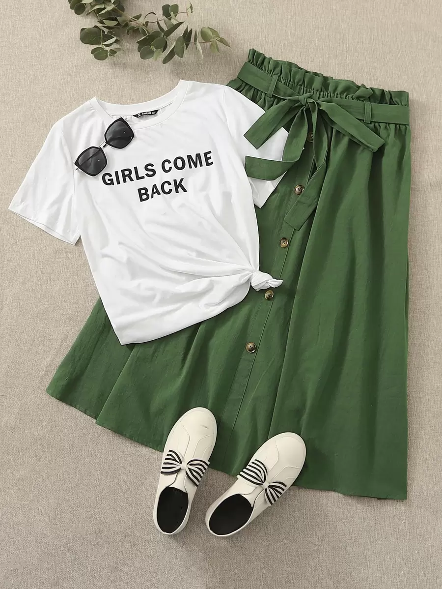 Seusyu Slogan Graphic Top & Paperbag Waist Belted Skirt Set - Multicolor - View 1