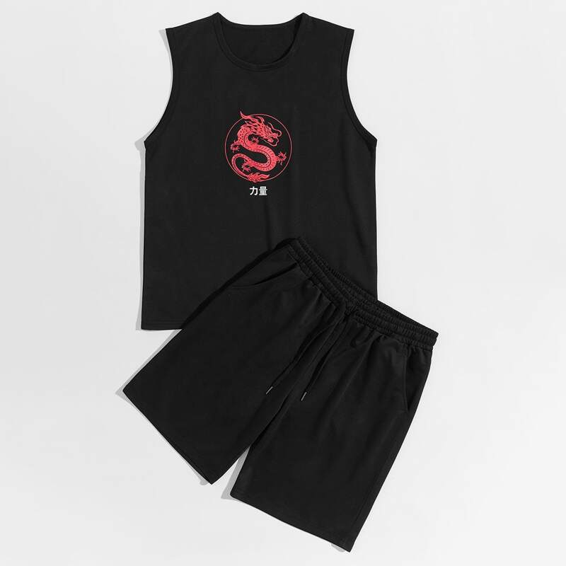 

Guys Letter & Dragon Print Tank Top With Track Shorts, Black