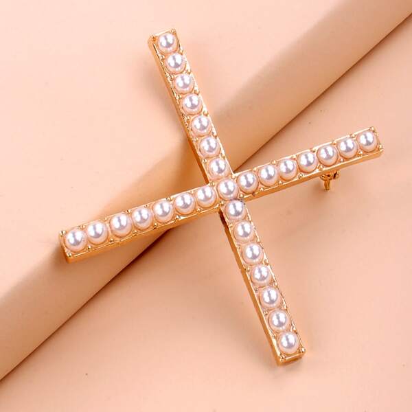 

Faux Pearl Cross Shaped Brooch, Multicolor