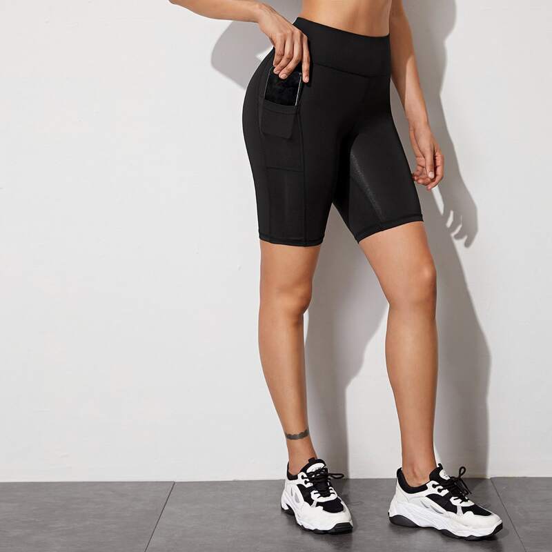 

Solid Biker Shorts With Phone Pocket, Black