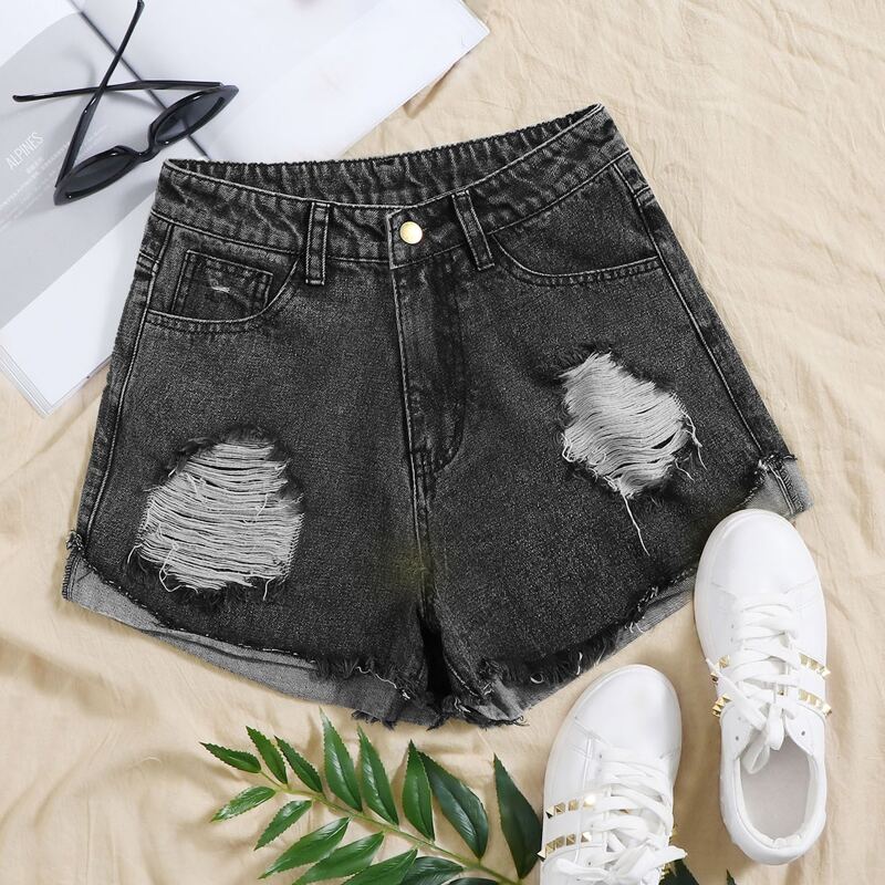 

Raw Hem Ripped Detail Denim Shorts, Dark grey