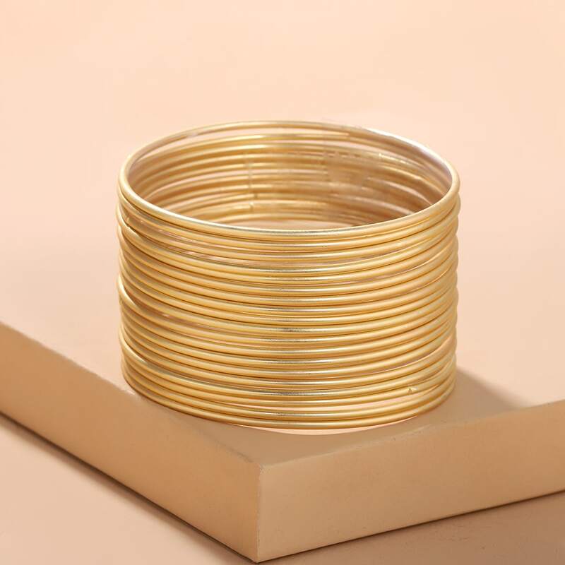 

19pcs Metal Round Bangle, Gold