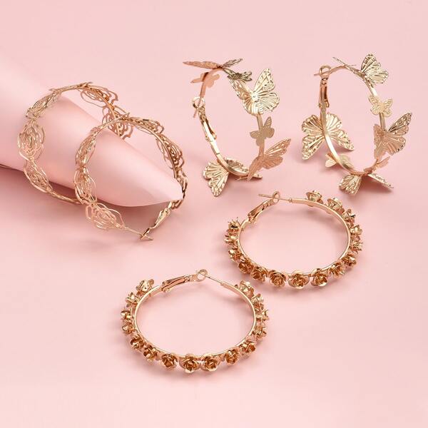 

3pairs Metal Flower Hoop Earrings, Gold
