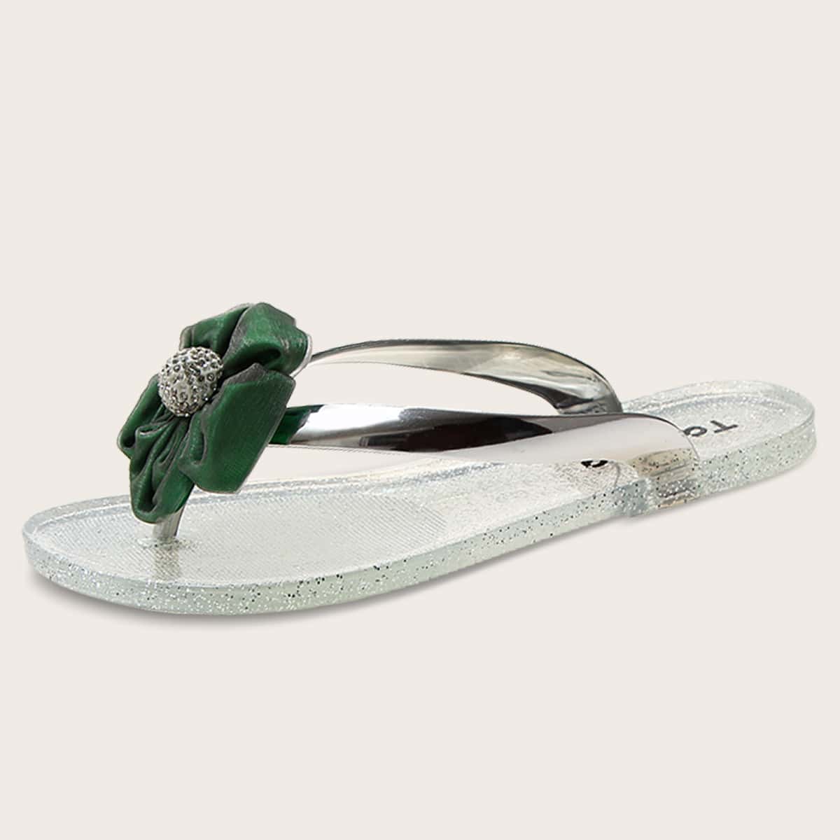 

Floral Appliques Clear Flip Flops, Silver