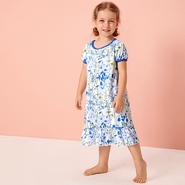 

Toddler Girls Plants & Floral Print Contrast Trim Night Dress, Blue