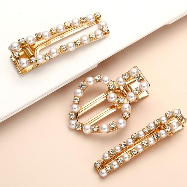

3pcs Faux Pearl Hair Clip, Gold