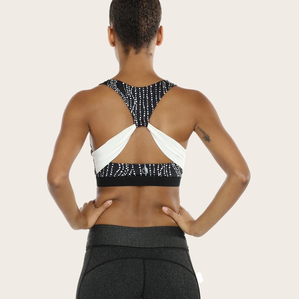 

Loop Strap Back Allover Print Sports Bra, Black