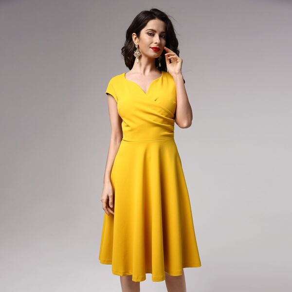 

Sweetheart Neck Ruched Wrap Dress, Yellow