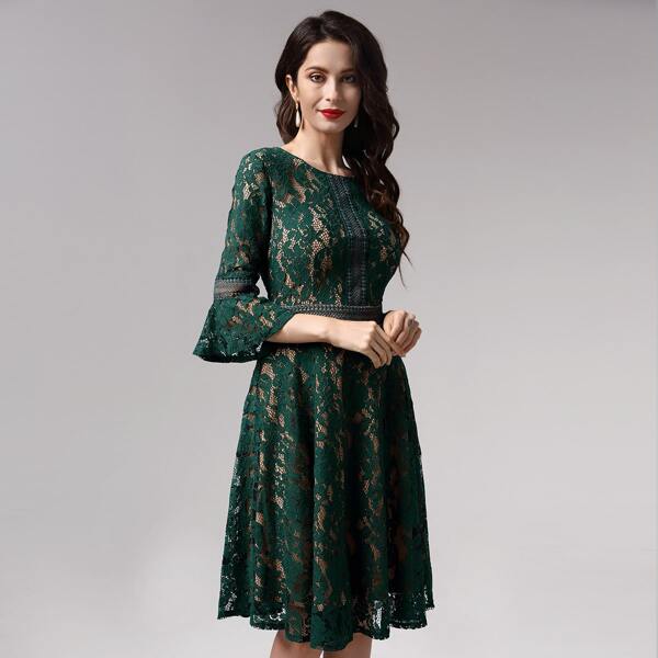 

Trumpet Sleeve Floral Lace Overlay Dress, Green