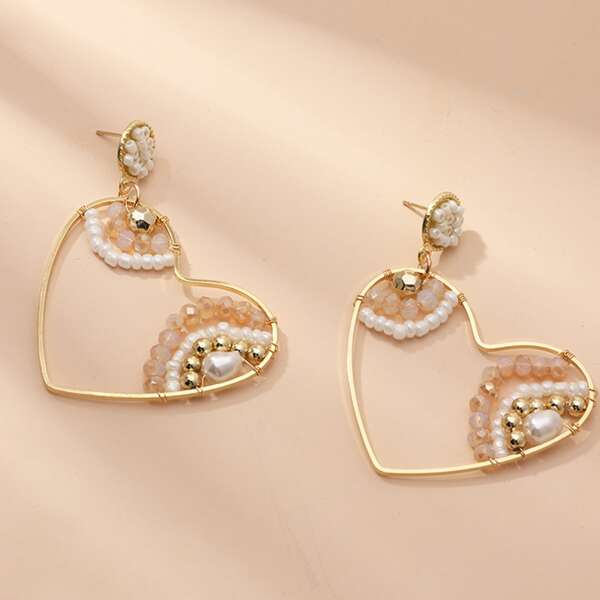 

1pair Beaded Open Heart Earrings, Gold
