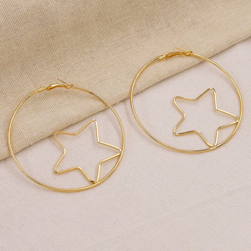 

Metal Star Hoop Earrings, Gold