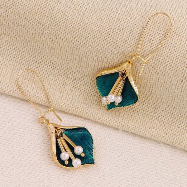 

Faux Pearl Drop Earrings, Green