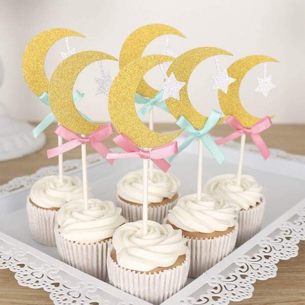 

6pcs Moon Shaped Cake Topper, Gold