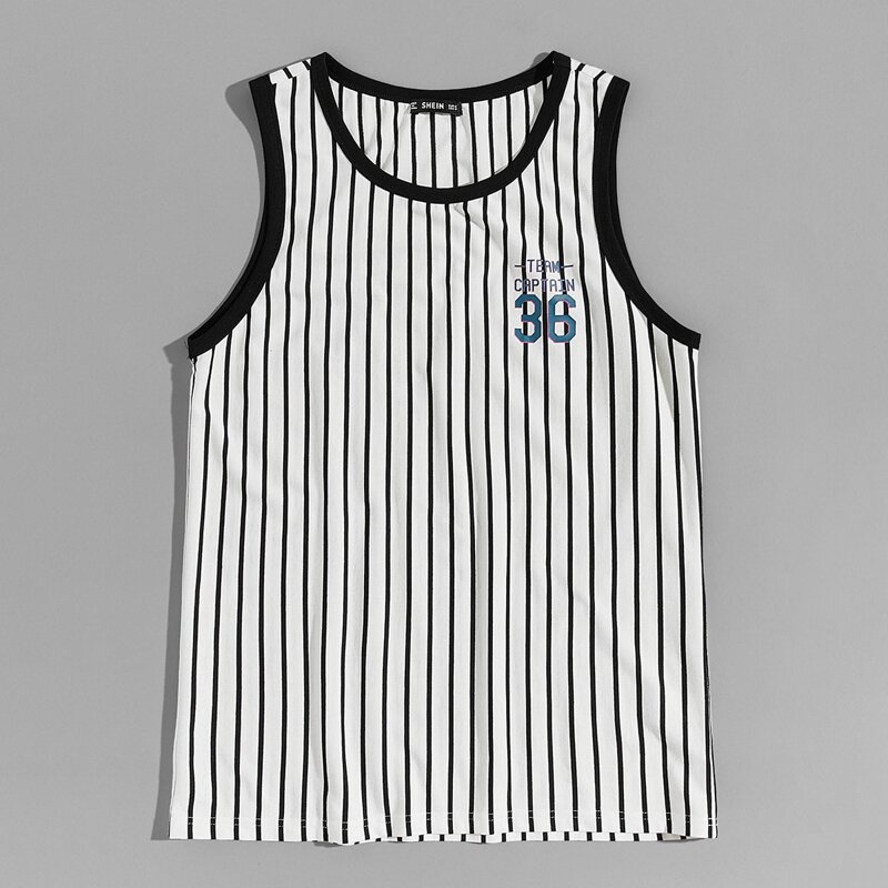 

Guys Contrast Trim Letter Graphic Striped Tank Top, Black and white
