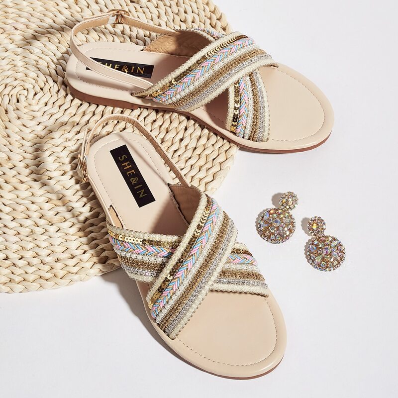 

Colorblock Cross Strap Sandals, Beige