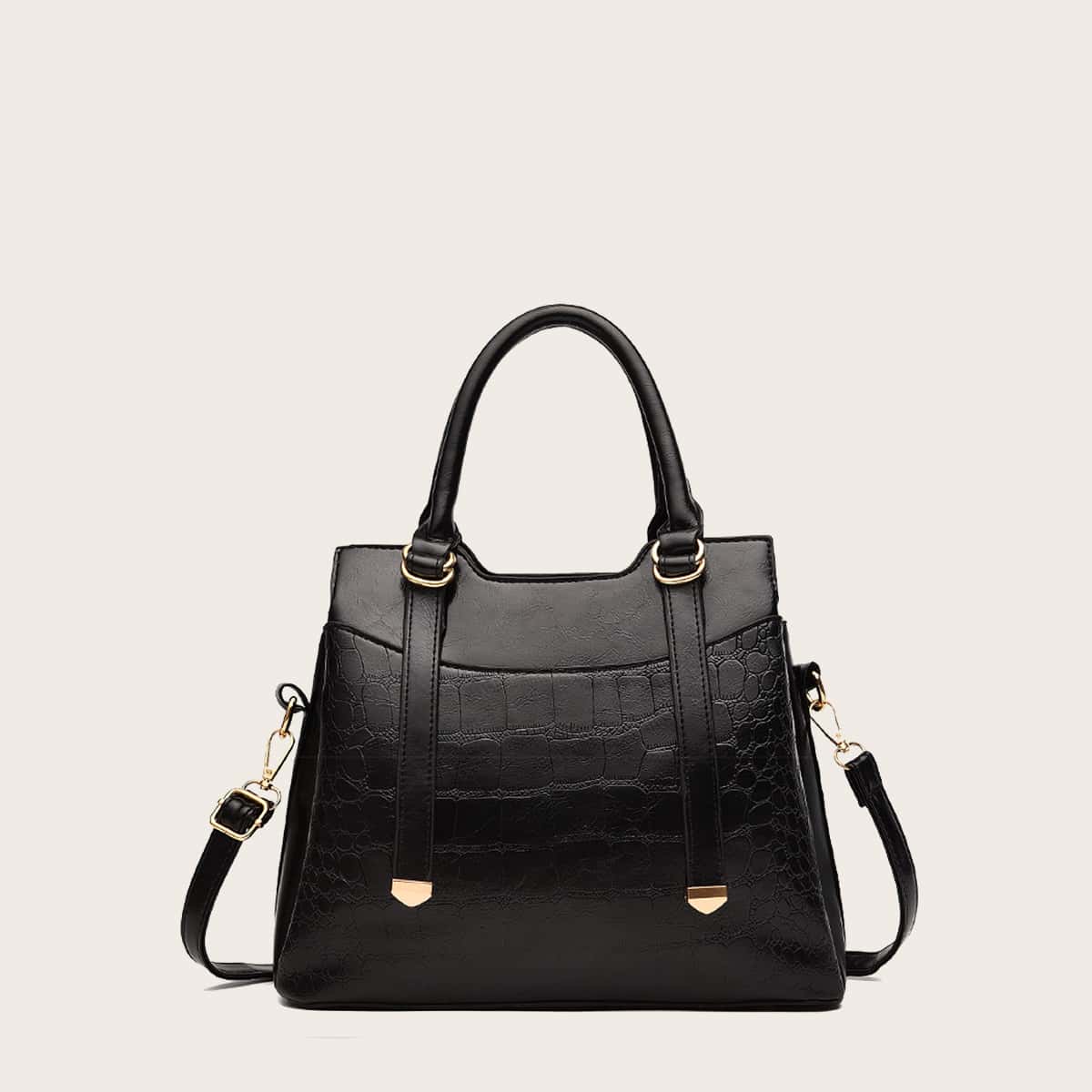 

Croc Embossed Satchel Bag, Black