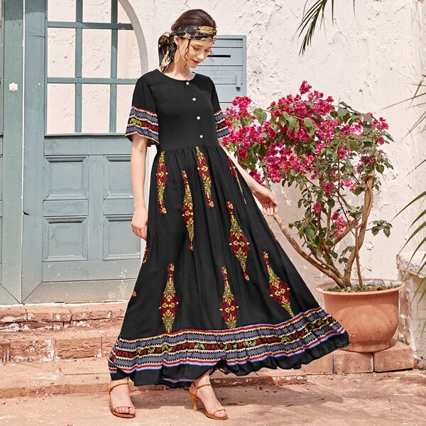 

Tribal Print Button Front Dress, Black