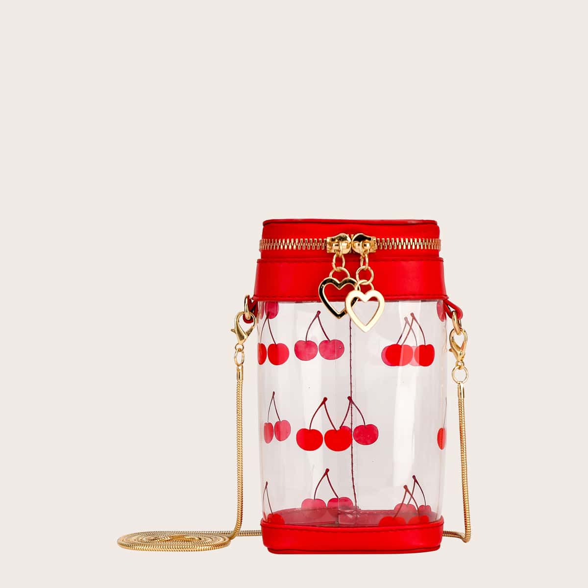 

Clear Cherry Pattern Zip Around Crossbody Bag, Red