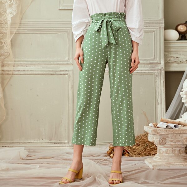 

Polka Dot Paperbag Waist Belted Pants, Green