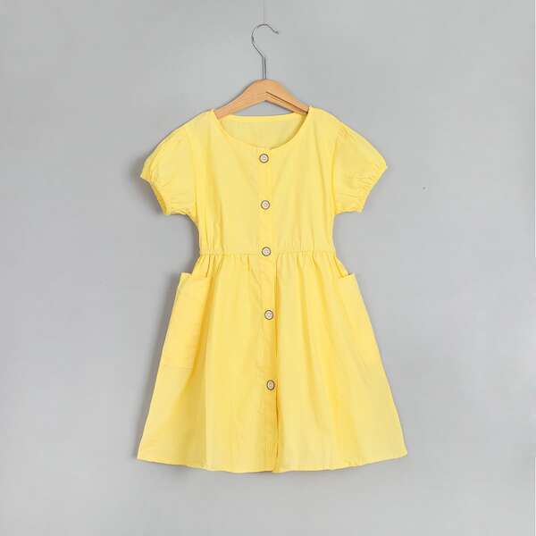 

Girls Button Front Dual Pocket Solid Dress, Yellow