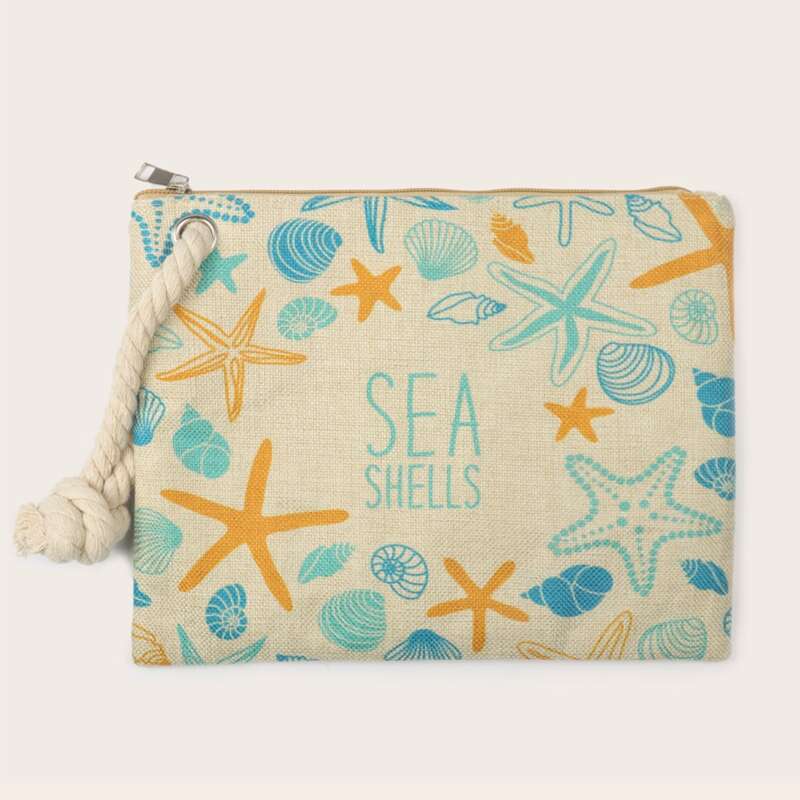

Starfish & Shell Print Canvas Clutch Bag, Beige