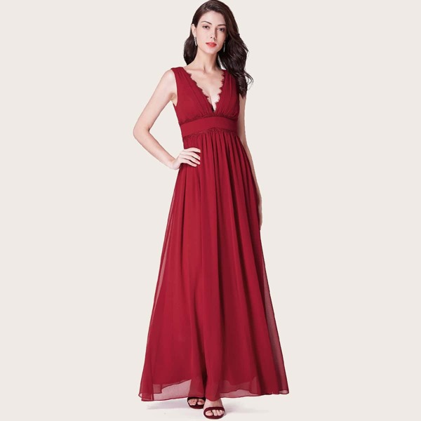 

Lace Trim Empire Waist Prom Dress, Burgundy