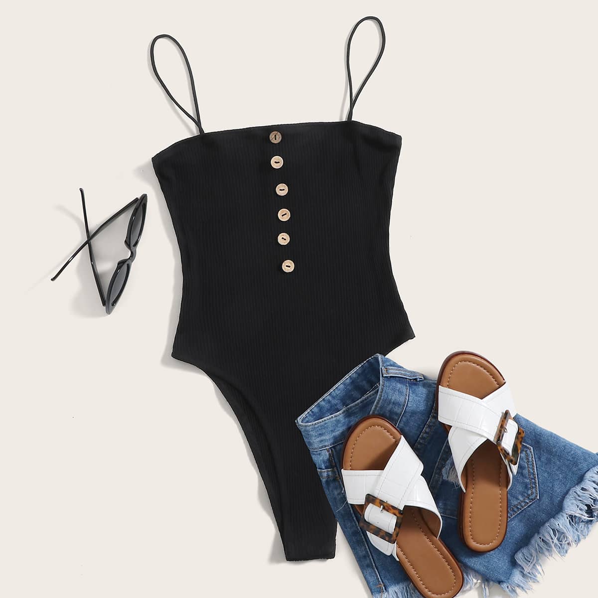 

Buttoned Front High Cut Slip Bodysuit, Black
