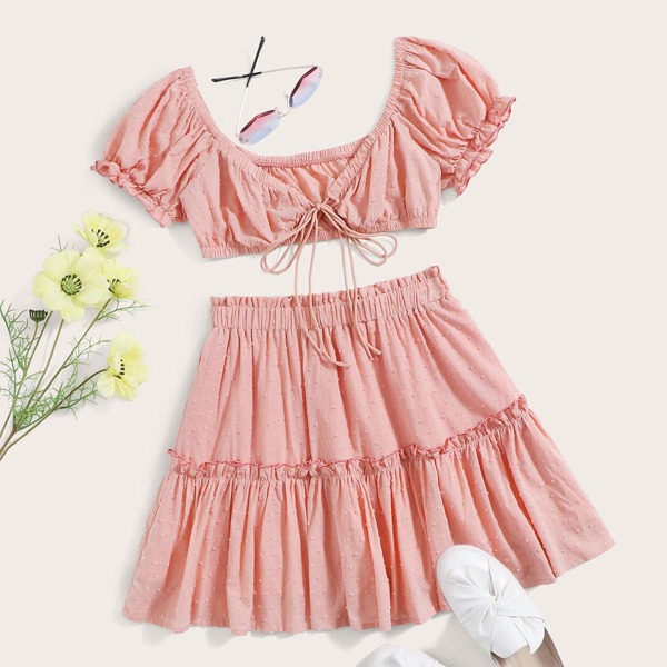 

Tie Front Swiss Dot Crop Top & Frill Trim Skirt Set, Pink