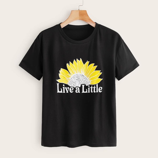 

Floral And Slogan Graphic Tee, Black