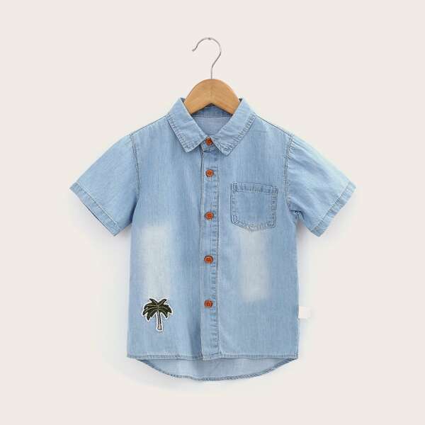 

Toddler Boys Tropical Patched Denim Shirt, Blue