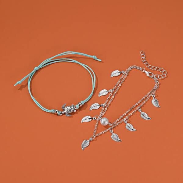 

2pcs Leaf & Turtle Charm Anklet, Multicolor