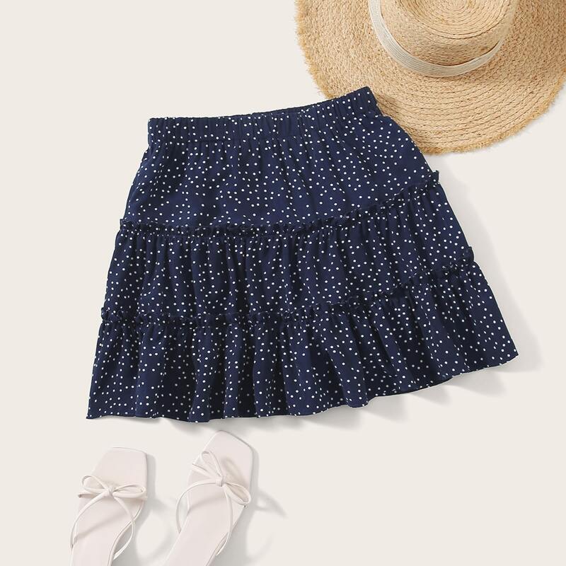 

Polka Dot Frill Trim Skirt, Navy blue