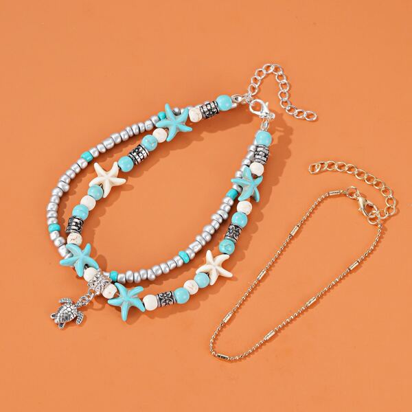 

2pcs Beaded & Chain Anklet, Multicolor