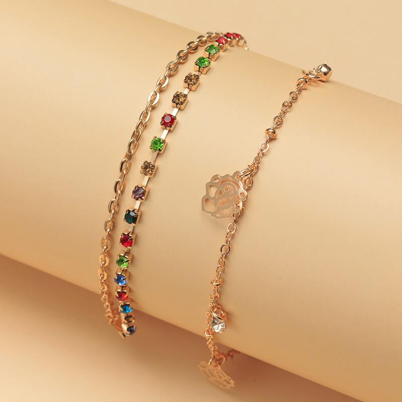 

2pcs Rhinestone & Floral Chain Bracelet, Gold