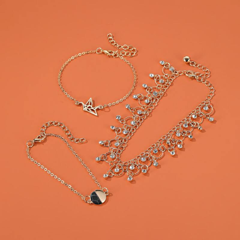 

3pcs Rhinestone Chain Anklet, Gold